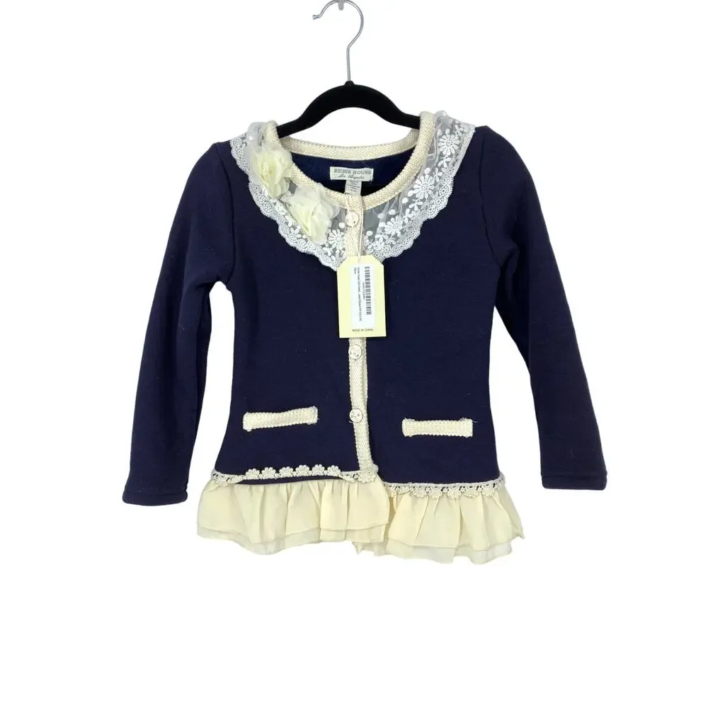 Richie House Girl's Size 4-5 Sweet Lacy Cardigan with Braided Placket Blue Cream